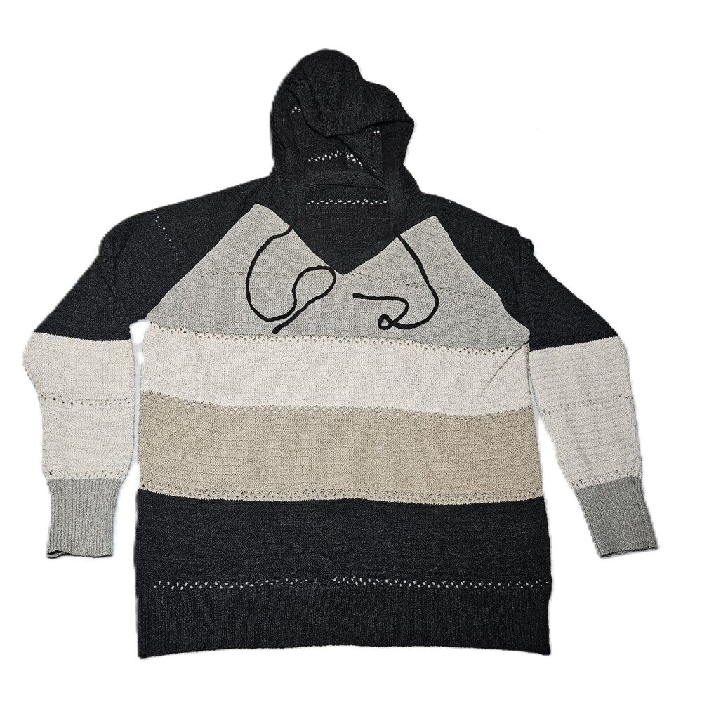 Women’s L Color Block Hooded Knit Sweater Black Gray Cream V-Neck Pullover